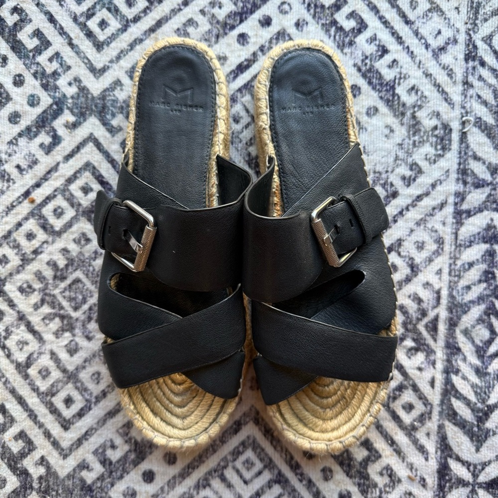 Marc Fisher Black Leather Espadrille Slides